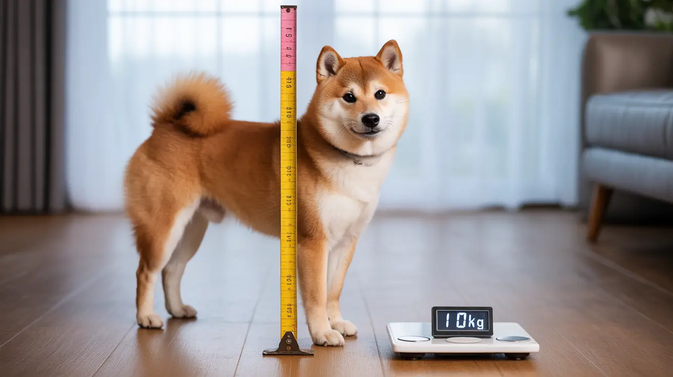 A fluffy Shiba Inu dog being measured for height and weight in a home interior