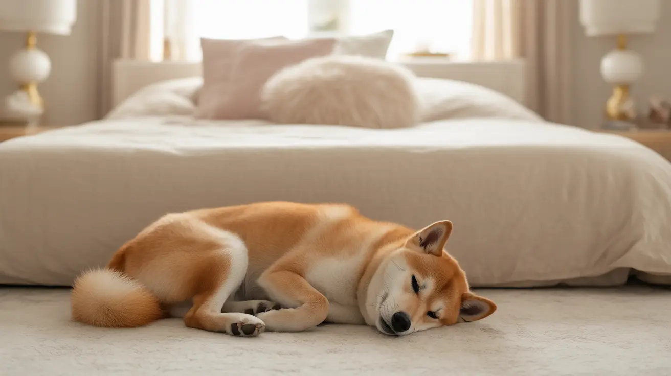 Shiba Inu dog peacefully sleeping on the floor next to a bed in a modern minimalist bedroom