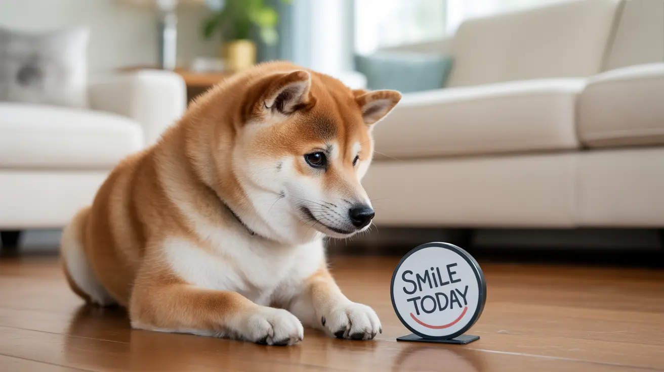 A Shiba Inu dog sitting calmly next to a 'Smile Today' motivational sign