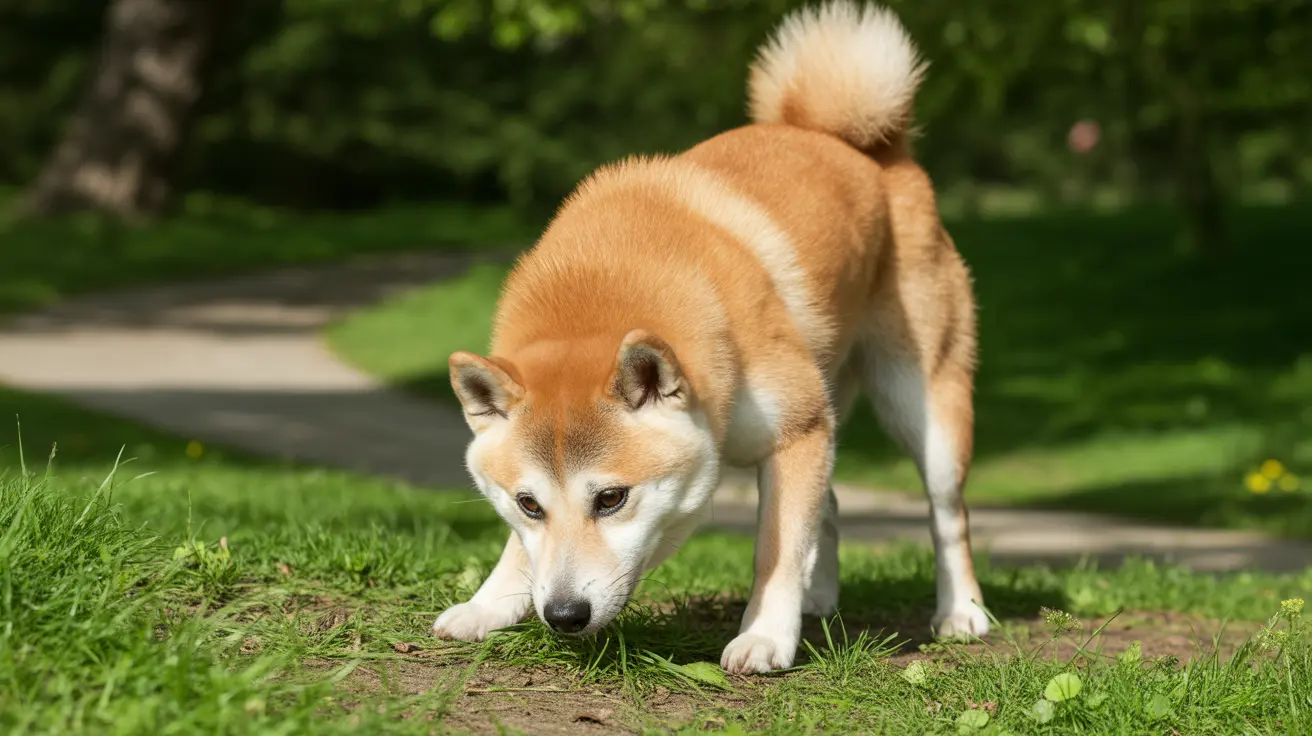 Shiba Inu with reddish-brown and white fur sniffing grass in a park