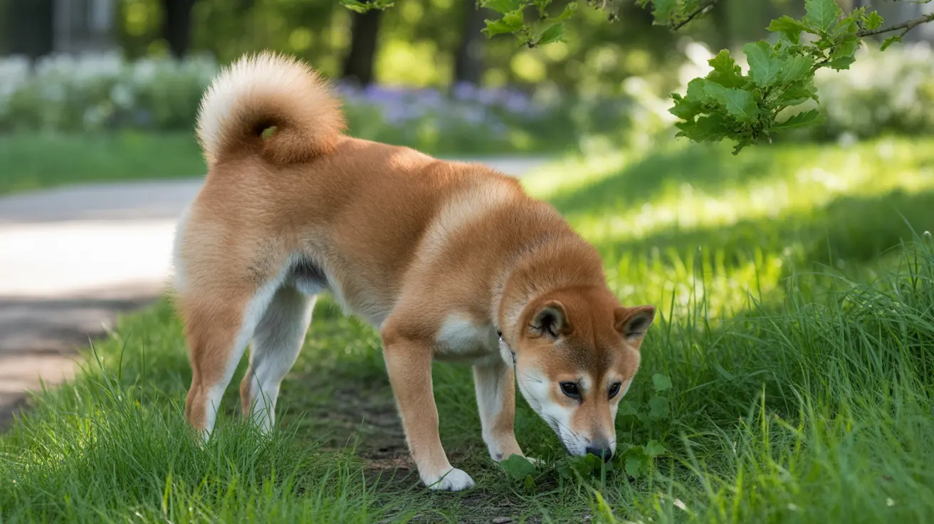 巻き尾の柴犬が芝生の公園で地面の匂いを嗅いでいる様子