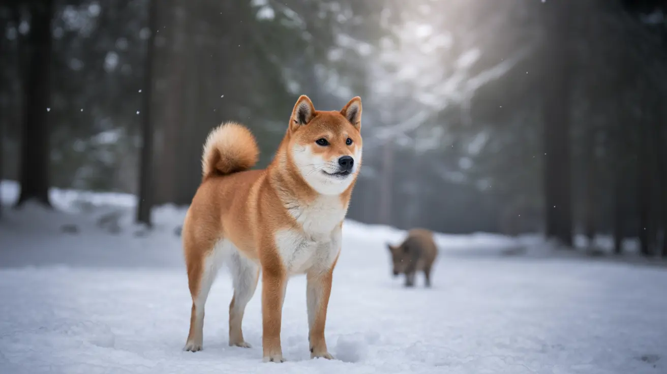 A majestic Shiba Inu standing confidently in a snowy forest landscape with another animal in the background
