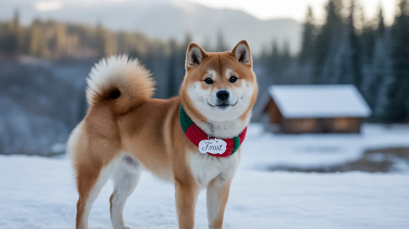 A Shiba Inu dog standing confidently in a snowy winter landscape