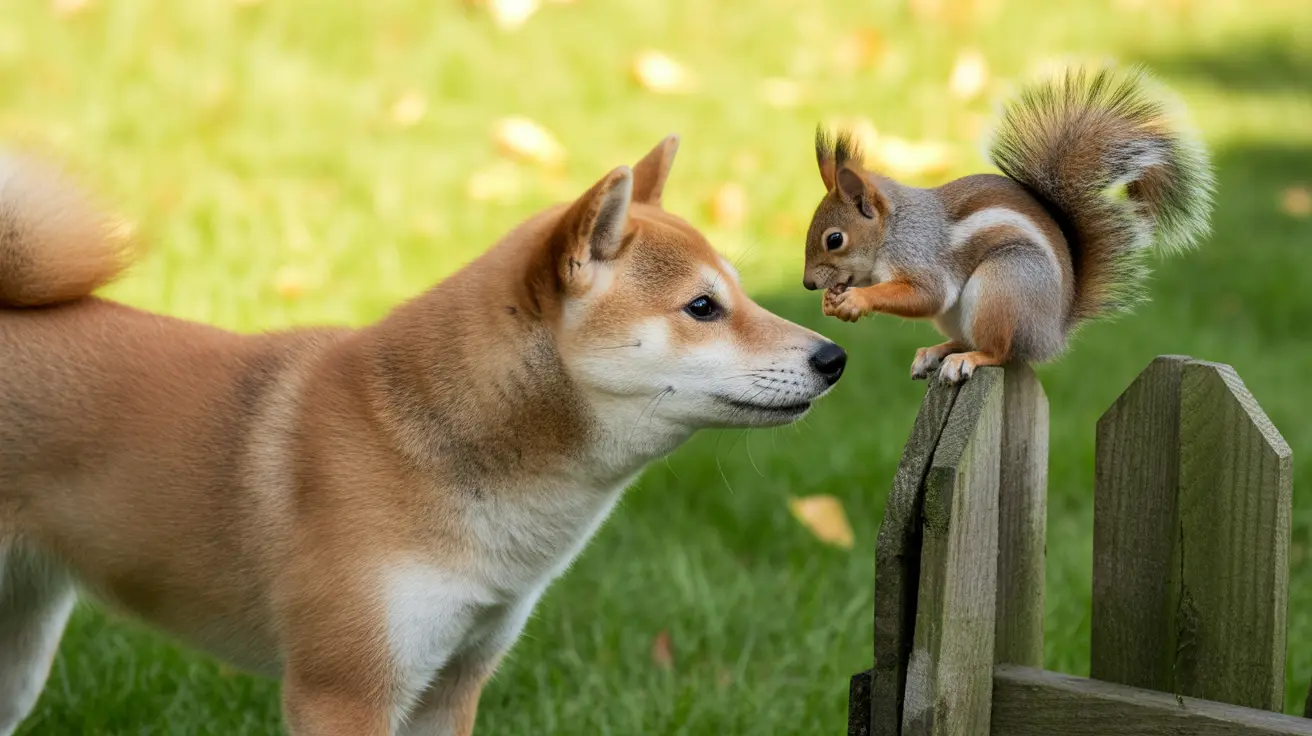 A Shiba Inu and a squirrel having an intriguing encounter on a wooden fence in a grassy backyard