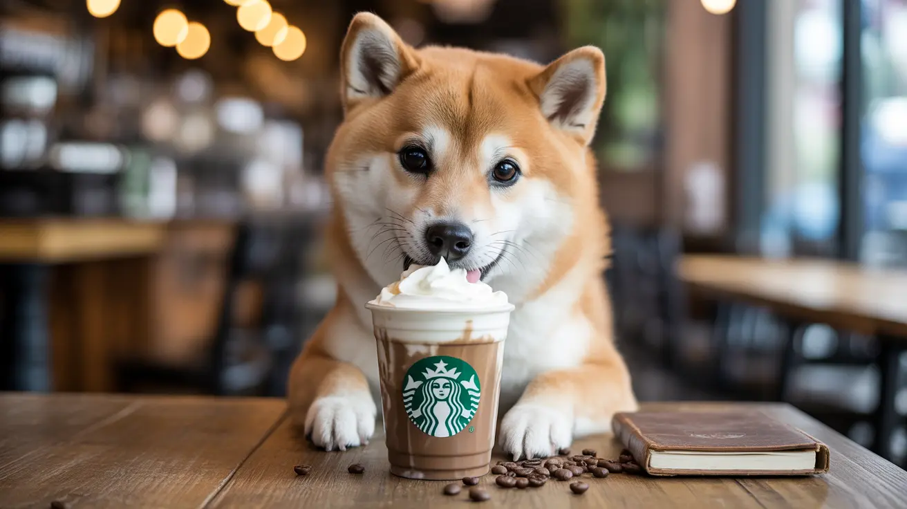 A Shiba Inu dog at a table with a Starbucks drink licking whipped cream