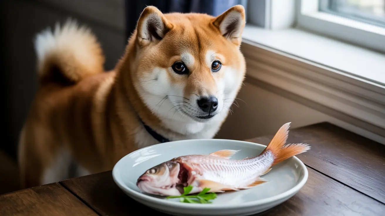 窓の近くでお皿の上の丸ごとの魚をじっと見つめている柴犬