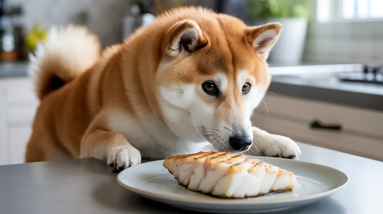 A Shiba Inu dog intensely staring at a grilled fish on a plate in a modern kitchen