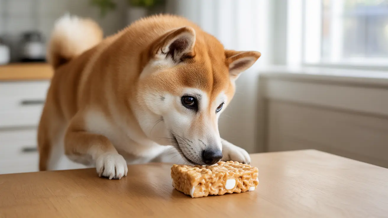 A Shiba Inu dog looks intently at a Rice Krispie treat on a wooden table