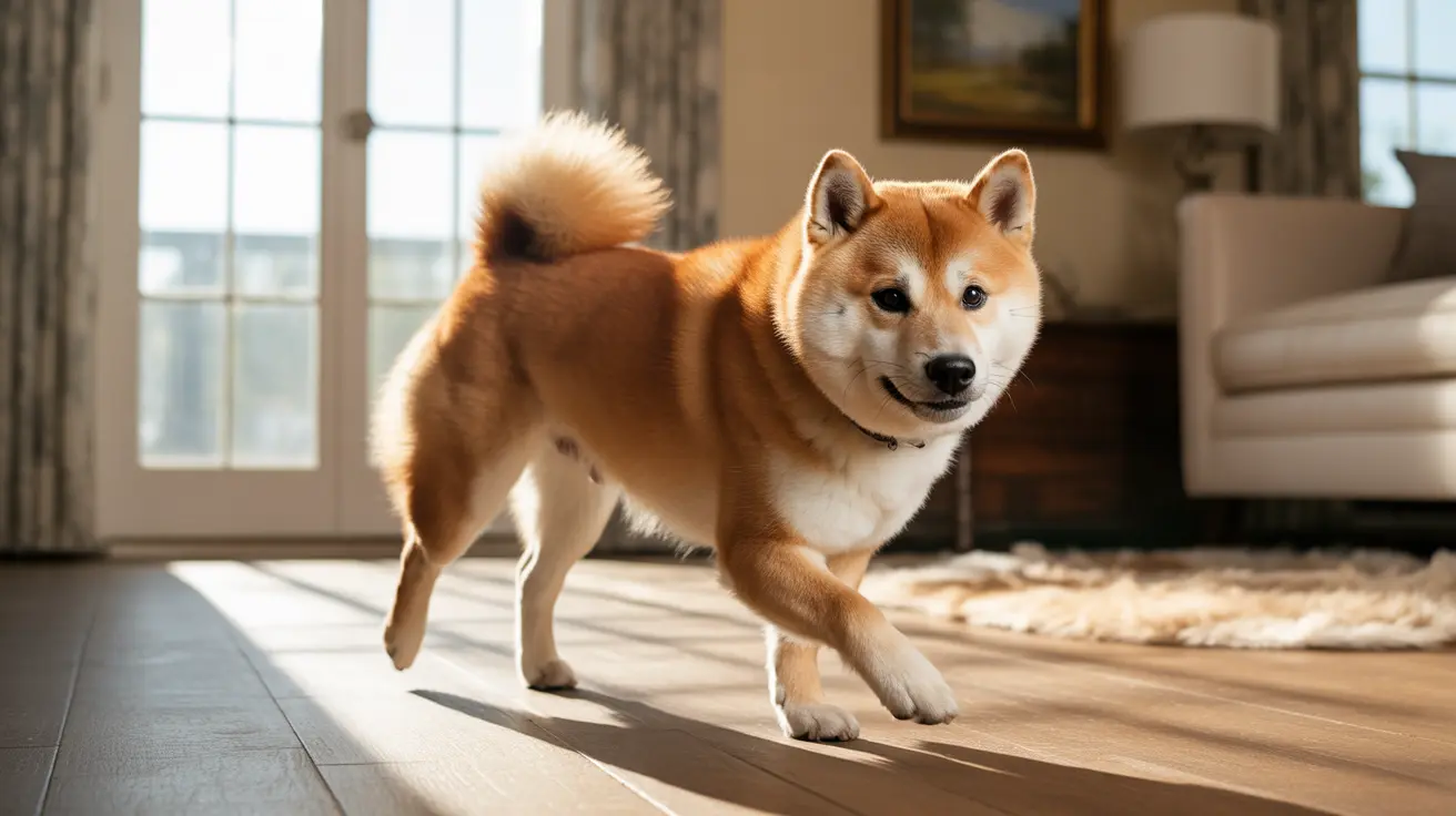 A Shiba Inu standing confidently on a wooden floor with sunlight streaming in through large windows