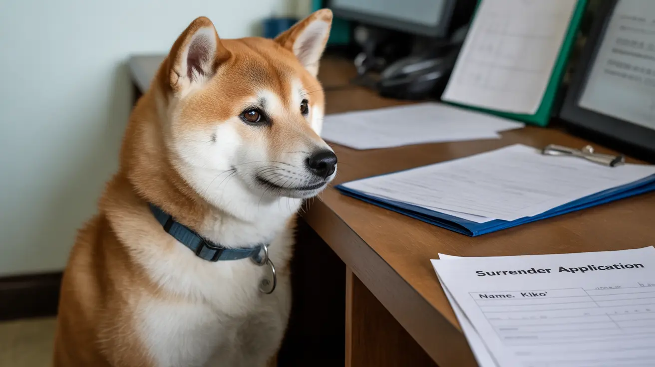 A Shiba Inu sitting next to a surrender application form in an office setting