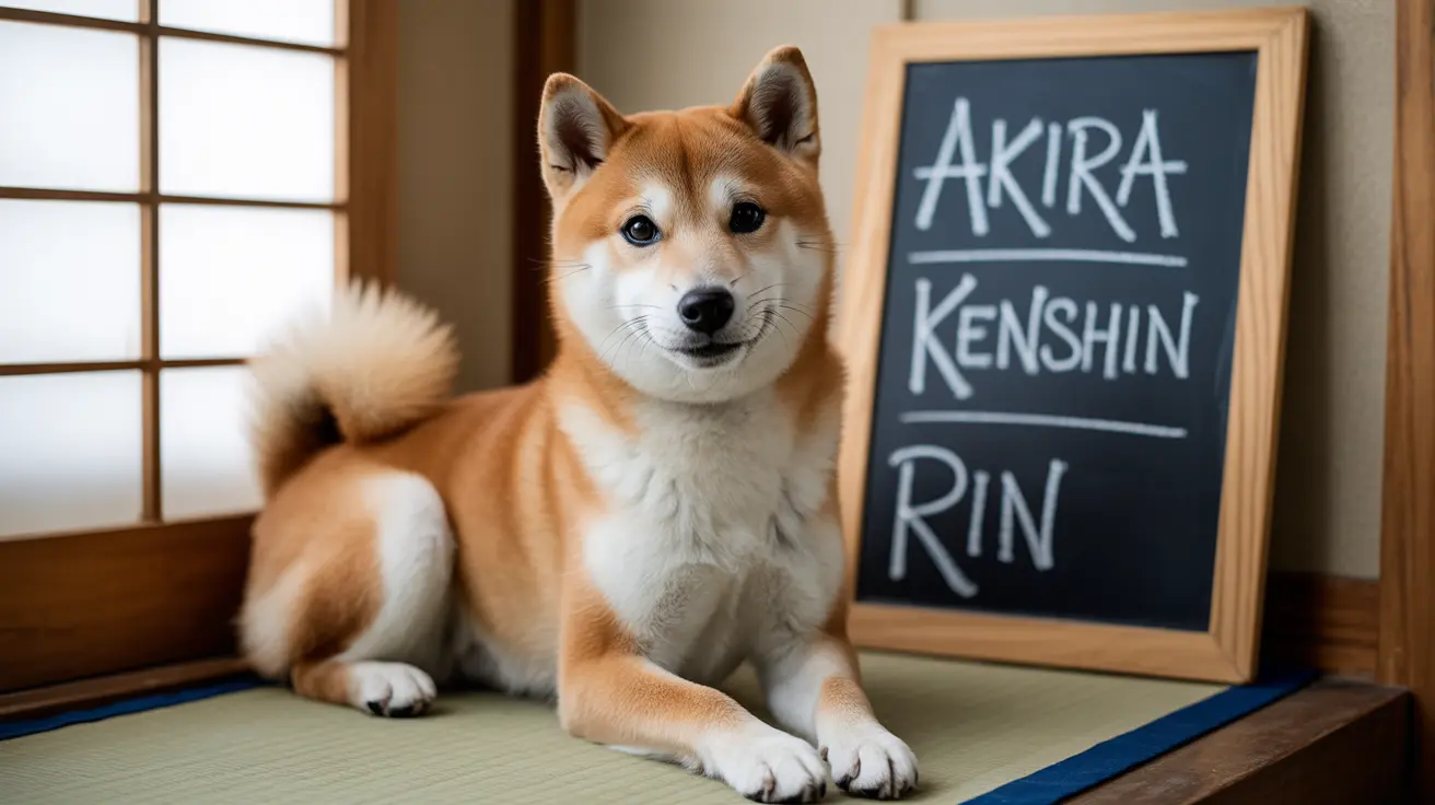 A Shiba Inu dog sitting calmly on a tatami mat next to a chalkboard with Japanese names