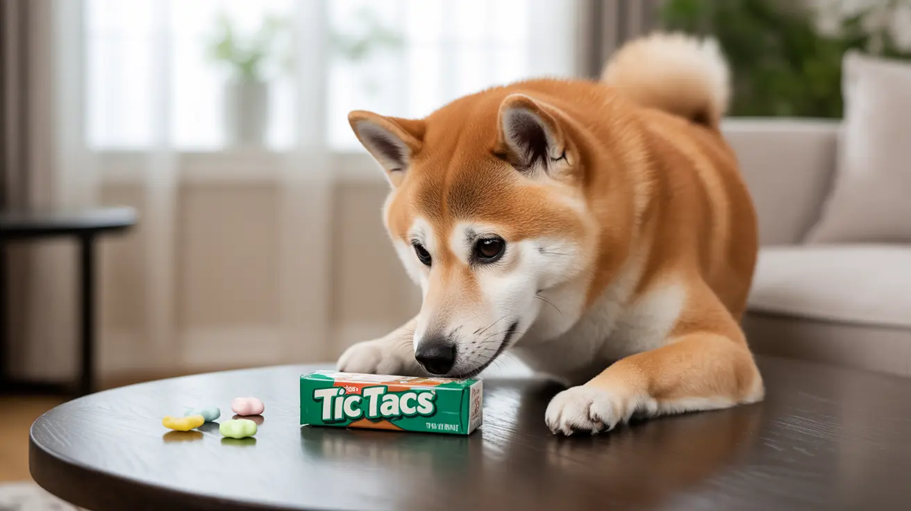 A curious Shiba Inu dog investigating a box of Tic Tacs on a round table