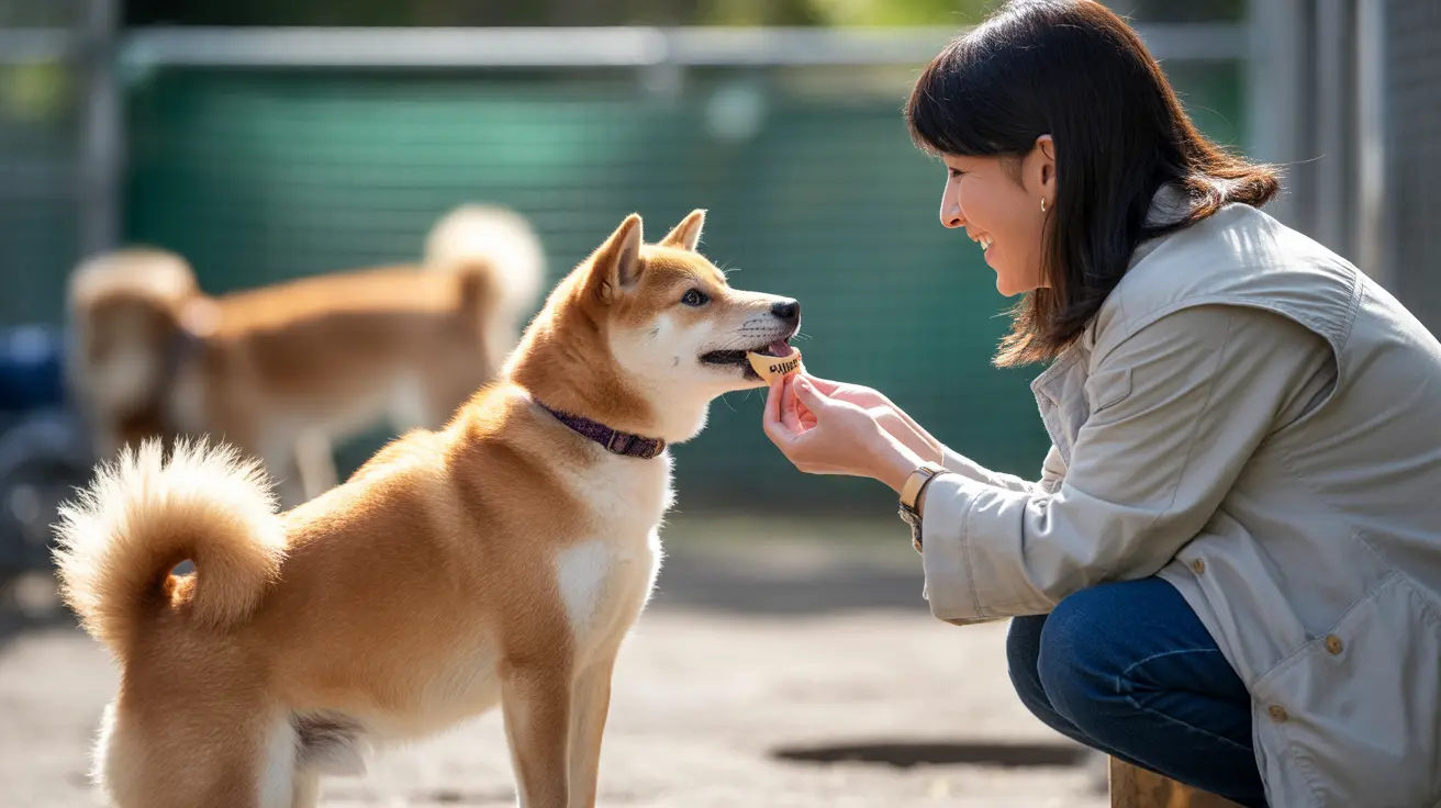A Shiba Inu receiving a treat from a woman in a light-colored jacket outdoors