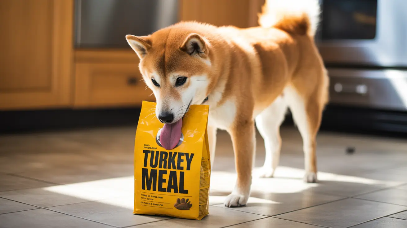 A Shiba Inu dog holding a yellow bag of Turkey Meal dog food in its mouth