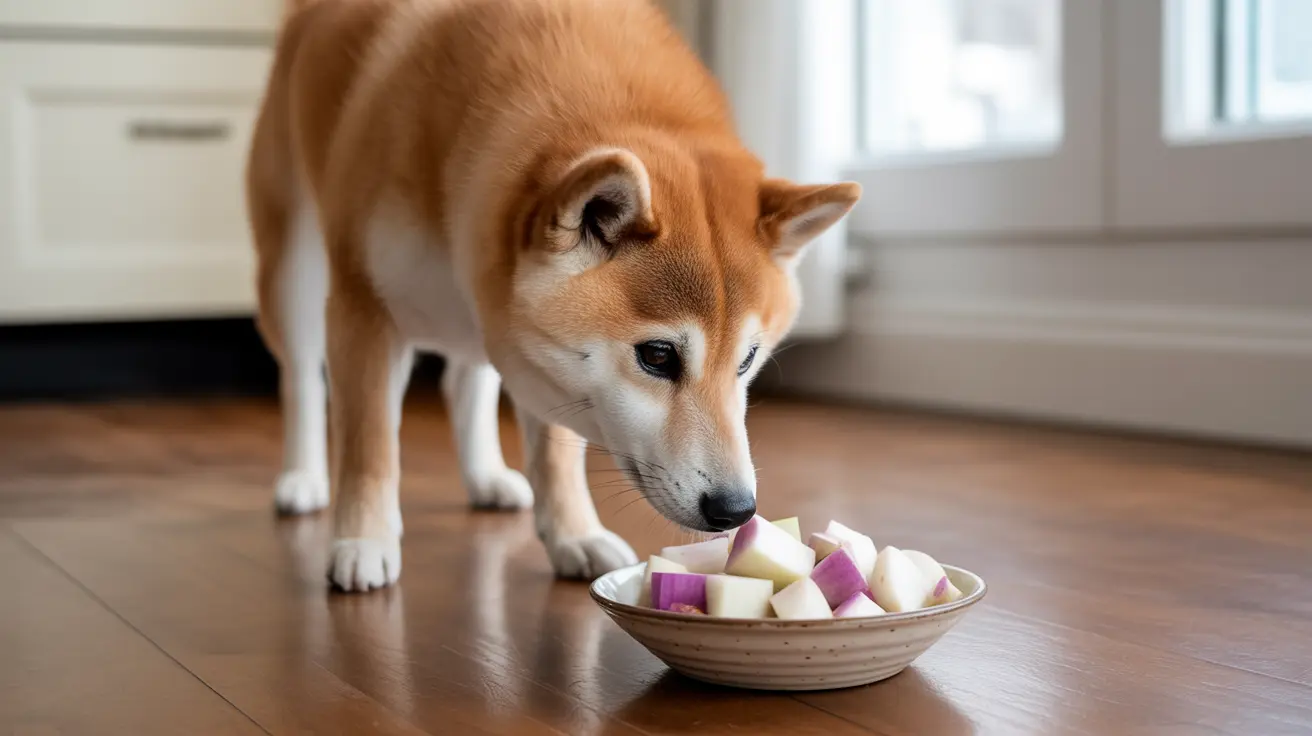 A Shiba Inu curiously examining a bowl of white and purple cubed vegetables or fruits.