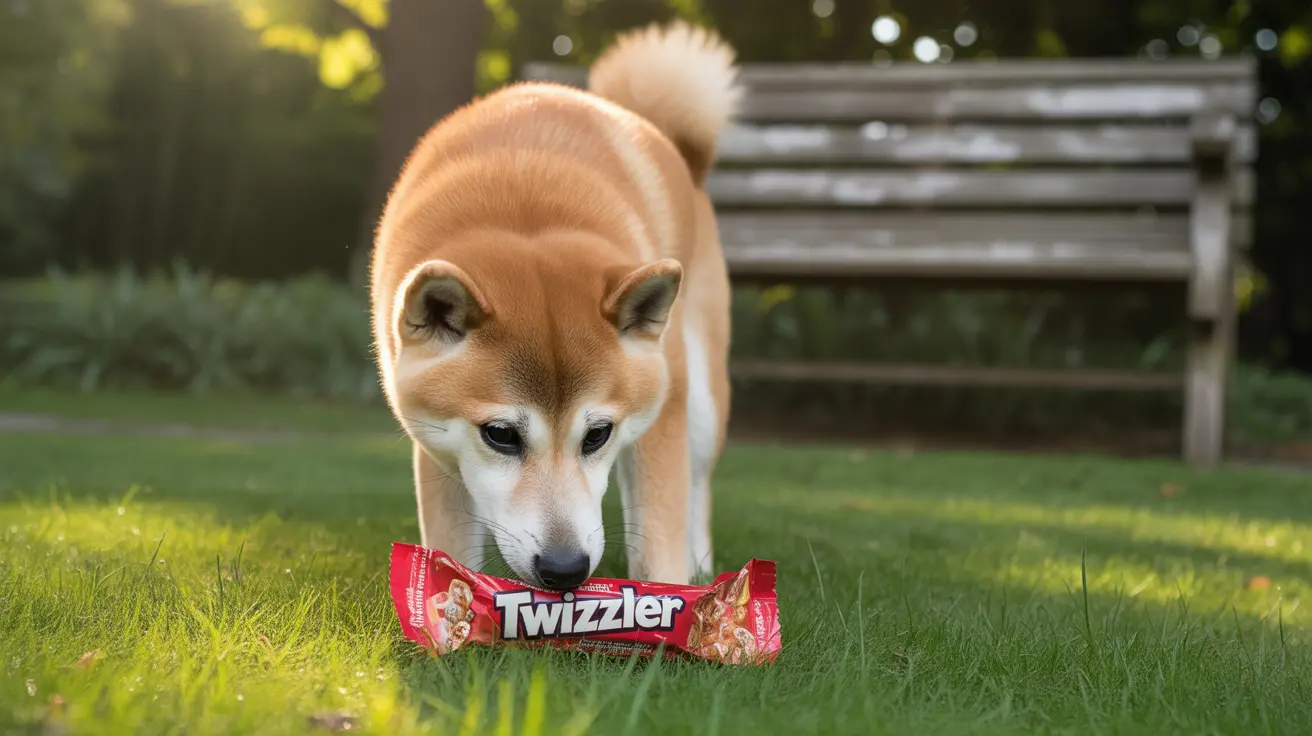 A Shiba Inu curiously examining a Twizzlers candy package on a grassy lawn