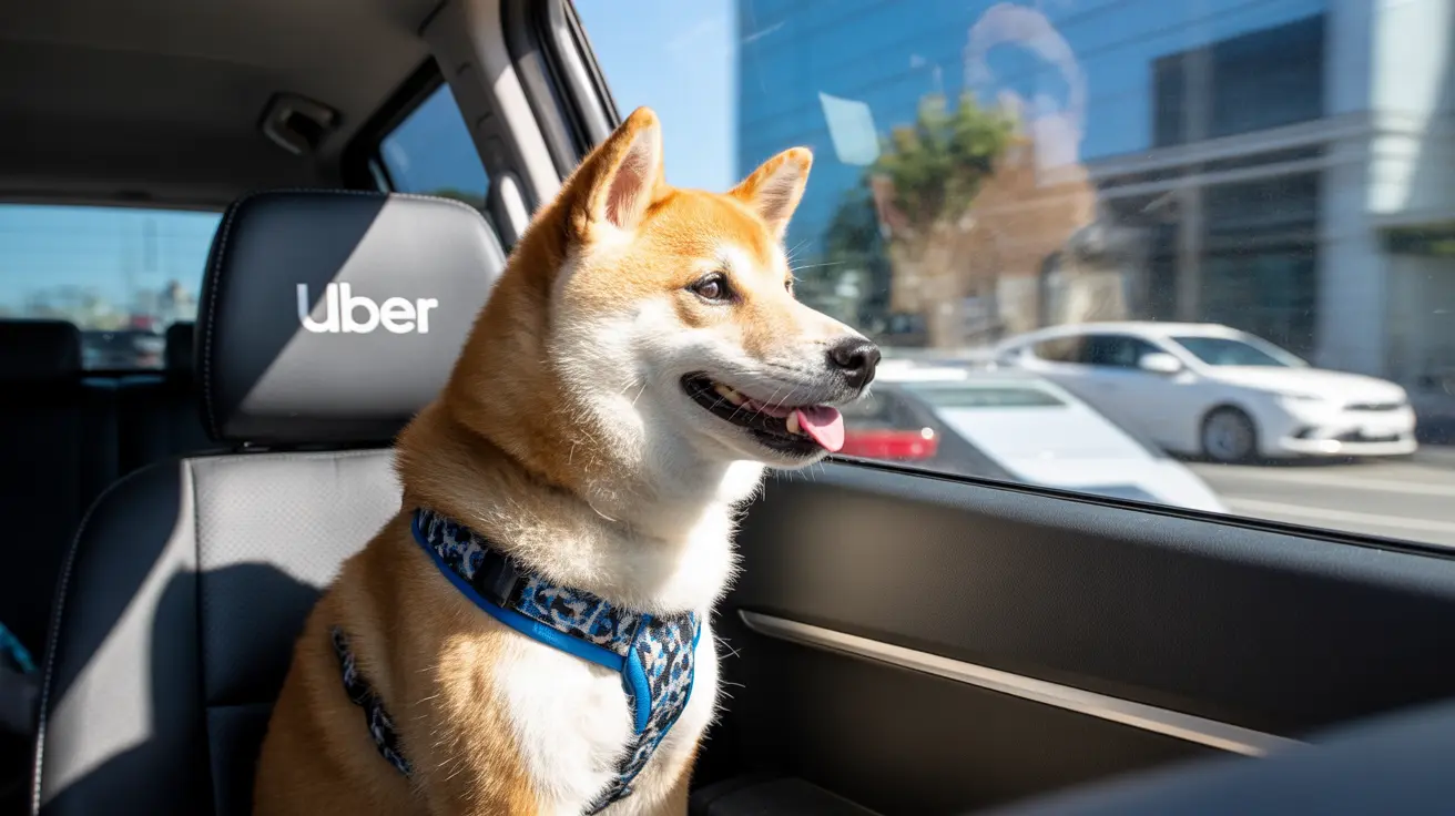 A smiling Shiba Inu sitting in an Uber ride, looking out the window with a happy expression