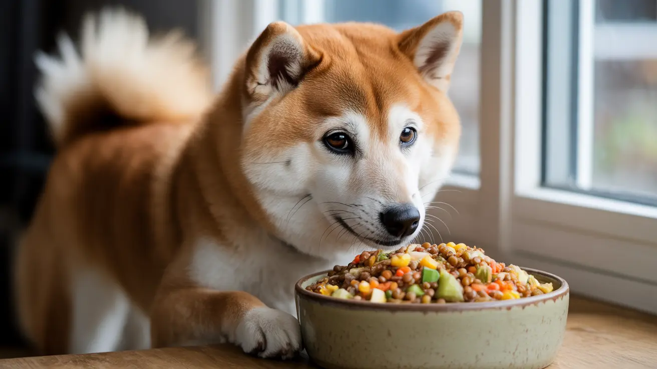 Shiba Inu sitting beside a bowl of colorful mixed vegetarian dog food indoors on wooden surface