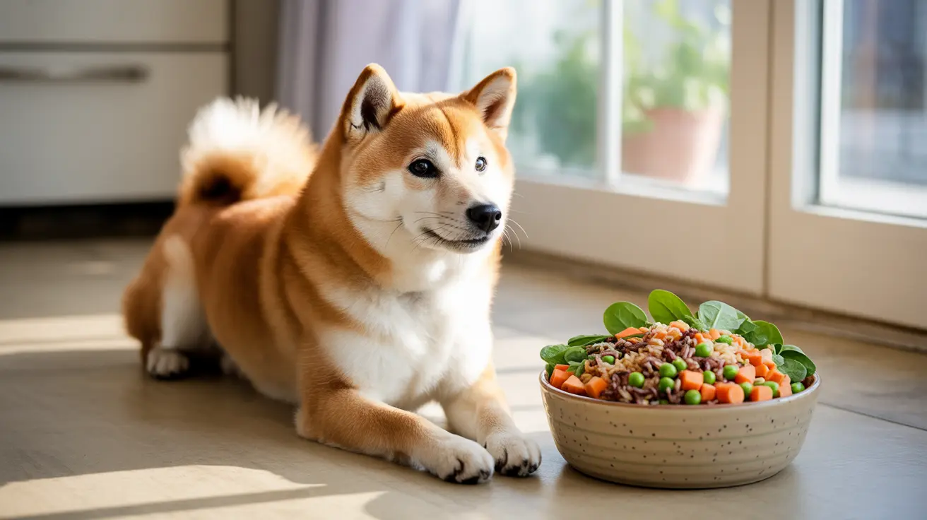 明るいキッチンで柴犬がカラフルな野菜と穀物が入ったボウルの隣に注意深く座っている様子
