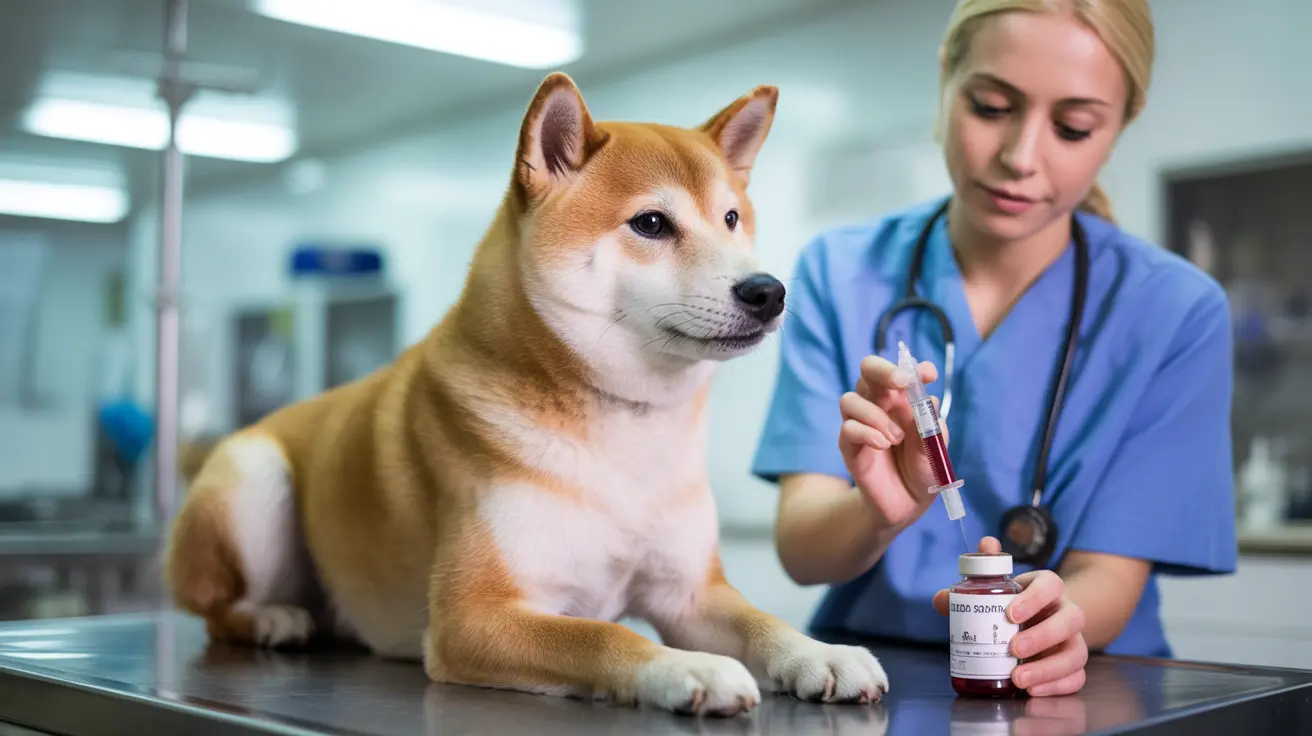 A Shiba Inu dog receiving medical treatment from a veterinary professional in a clinical setting