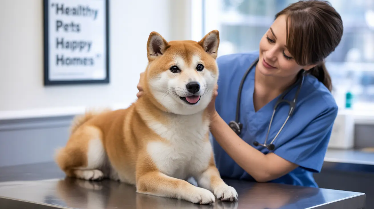 A happy Shiba Inu dog sitting on an examination table during a veterinary check-up