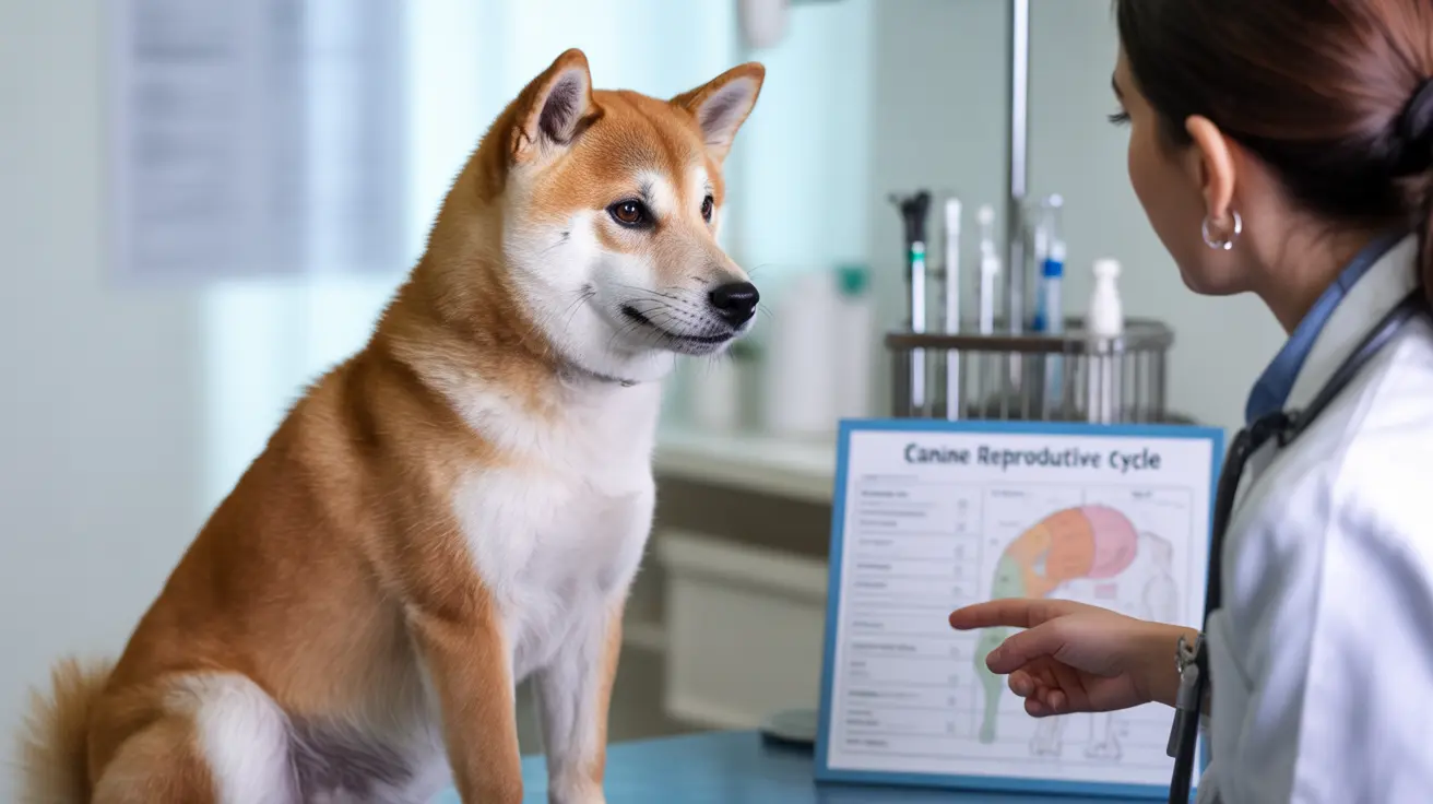 Un Shiba Inu sentado atentamente durante una consulta veterinaria sobre salud reproductiva