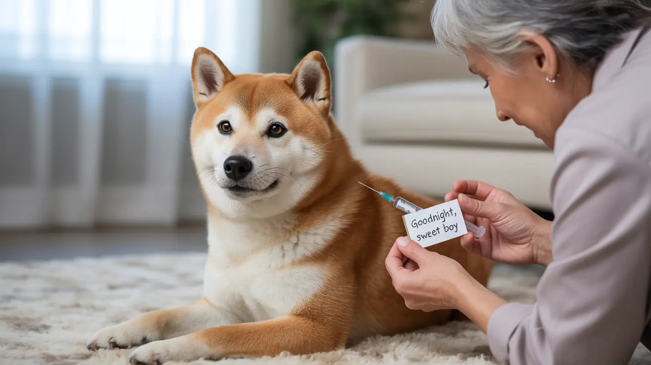 A Shiba Inu receiving a medical injection while being held and comforted by an older person
