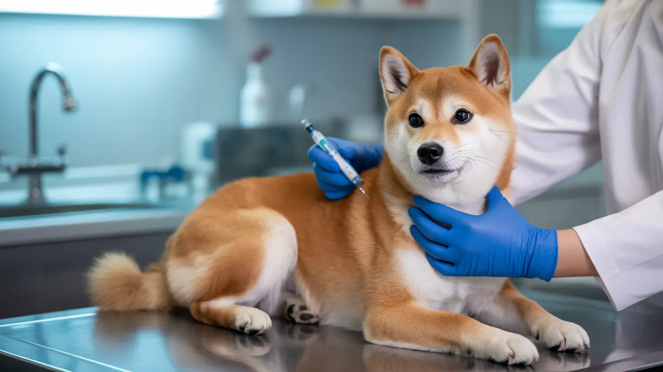 Um Shiba Inu calmo recebendo uma injeção médica em uma clínica veterinária.