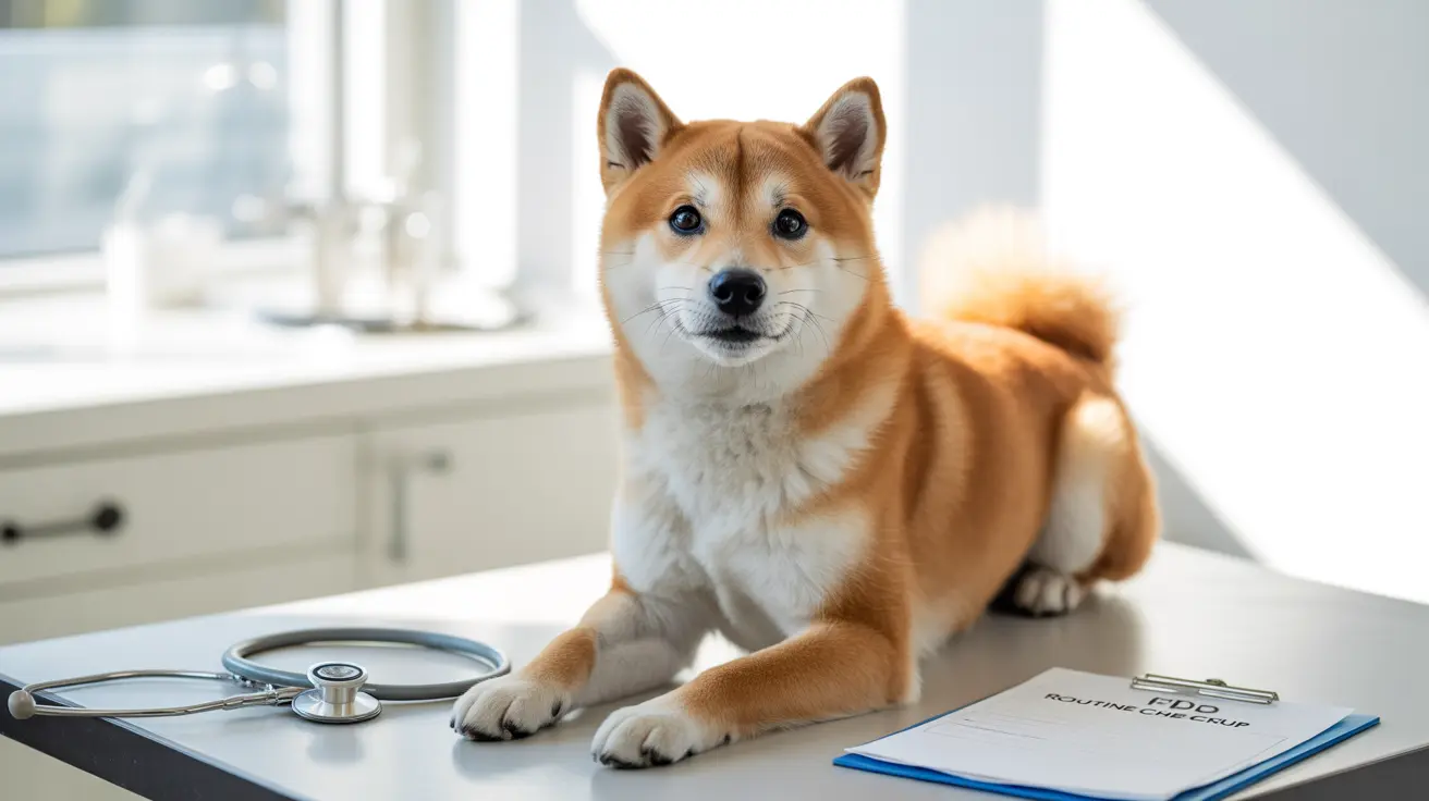 A Shiba Inu dog sitting attentively on an examination table in a veterinary clinic