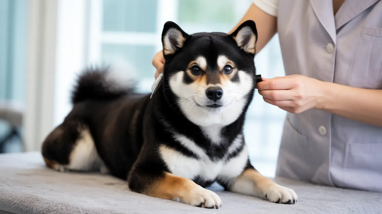 Black and tan Shiba Inu on exam table gently handled by veterinarian in white coat