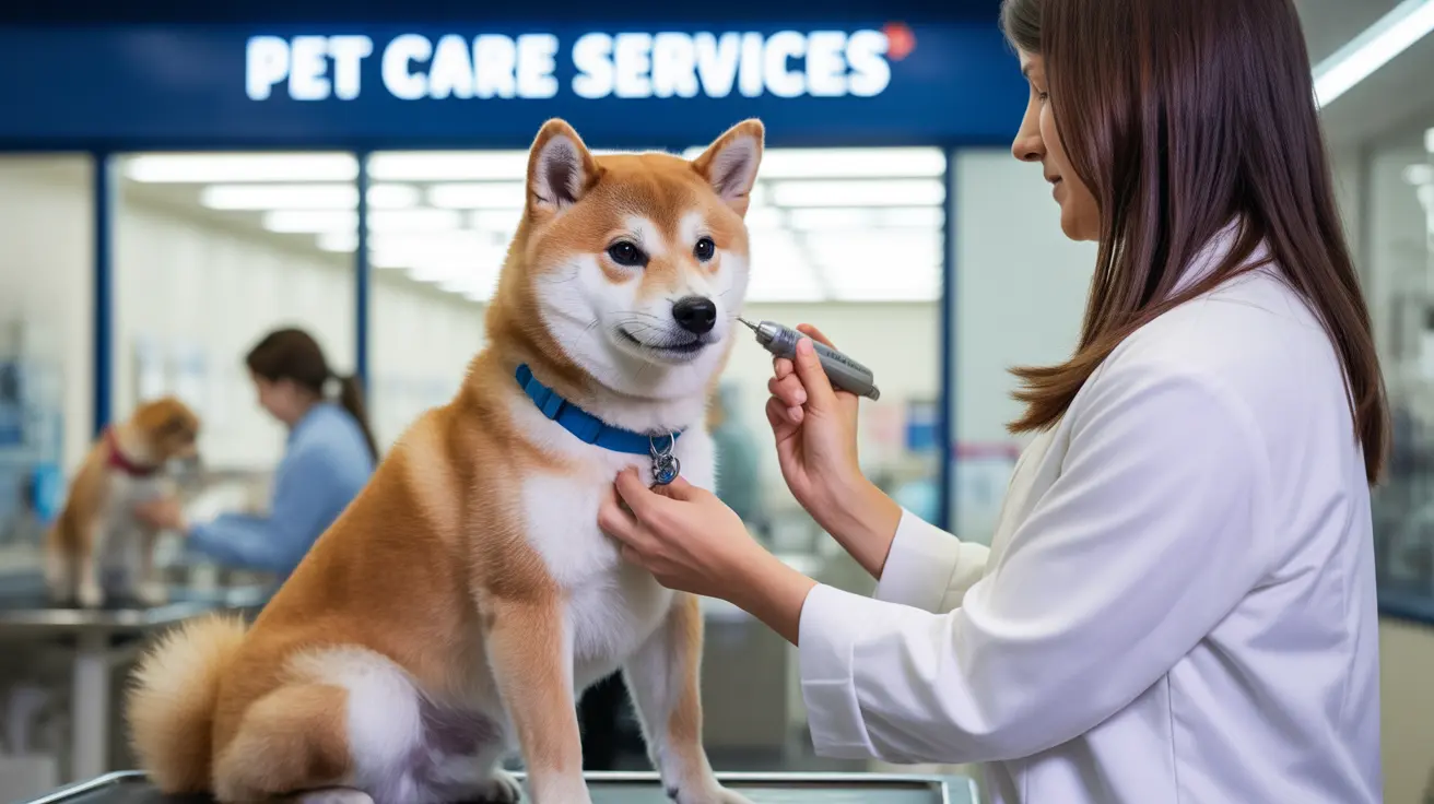 A Shiba Inu receiving veterinary care at a pet services clinic