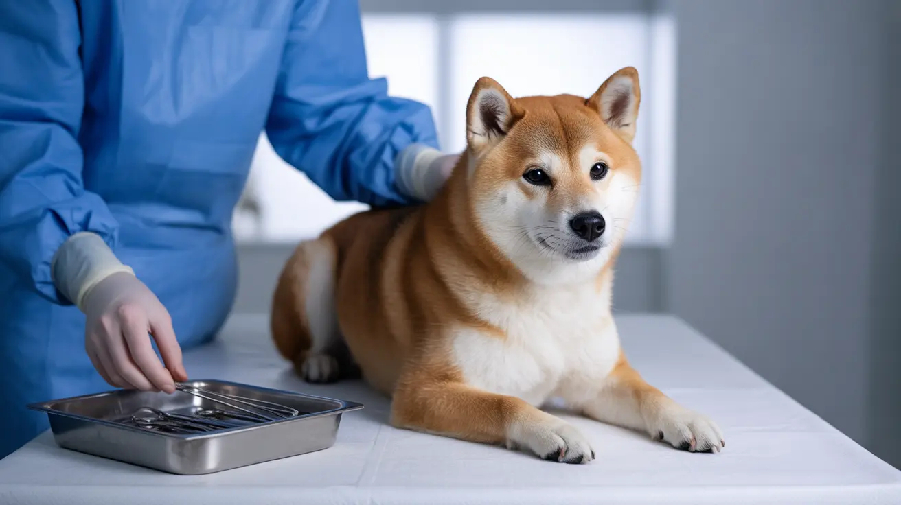 A calm Shiba Inu sitting on an examination table during a veterinary check-up