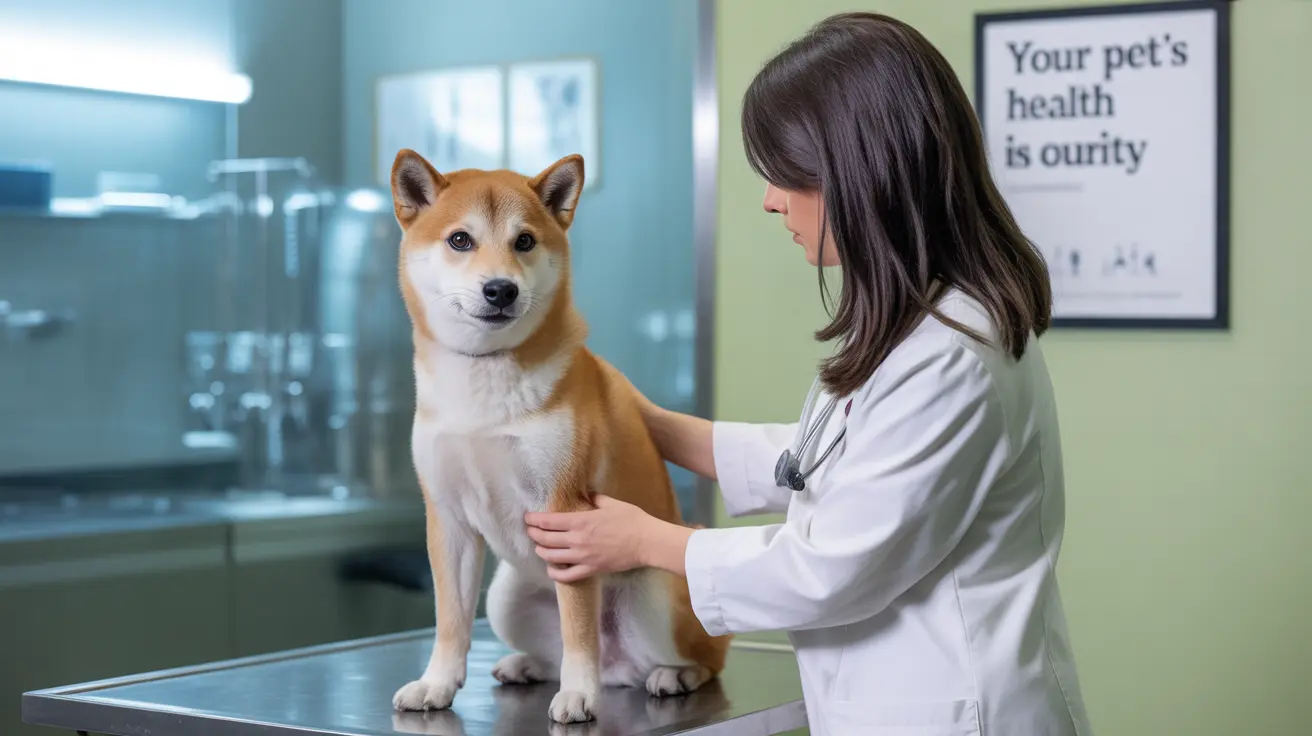 A Shiba Inu dog receiving a veterinary examination on a metal examination table