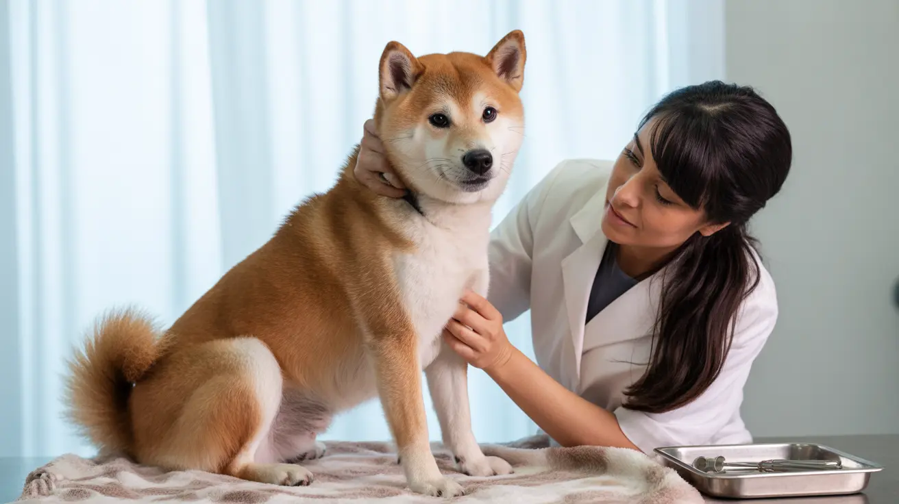 A Shiba Inu dog receiving a veterinary examination from a professional in a white coat