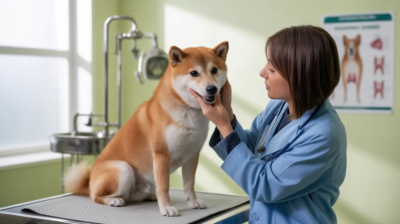 柴犬が動物病院の診察室で獣医師による診察を受けている様子