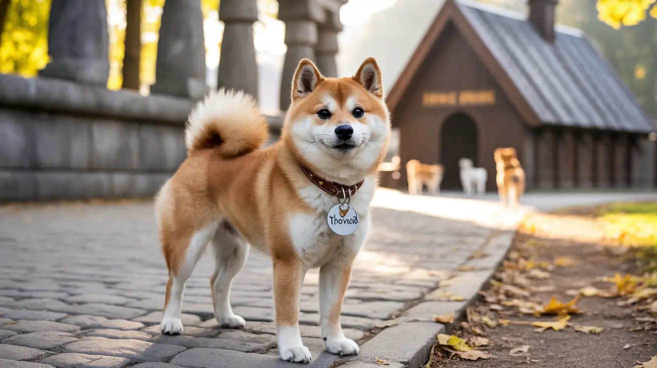 柴犬が堂々と石畳の小道に立ち、後ろに犬小屋がある様子。