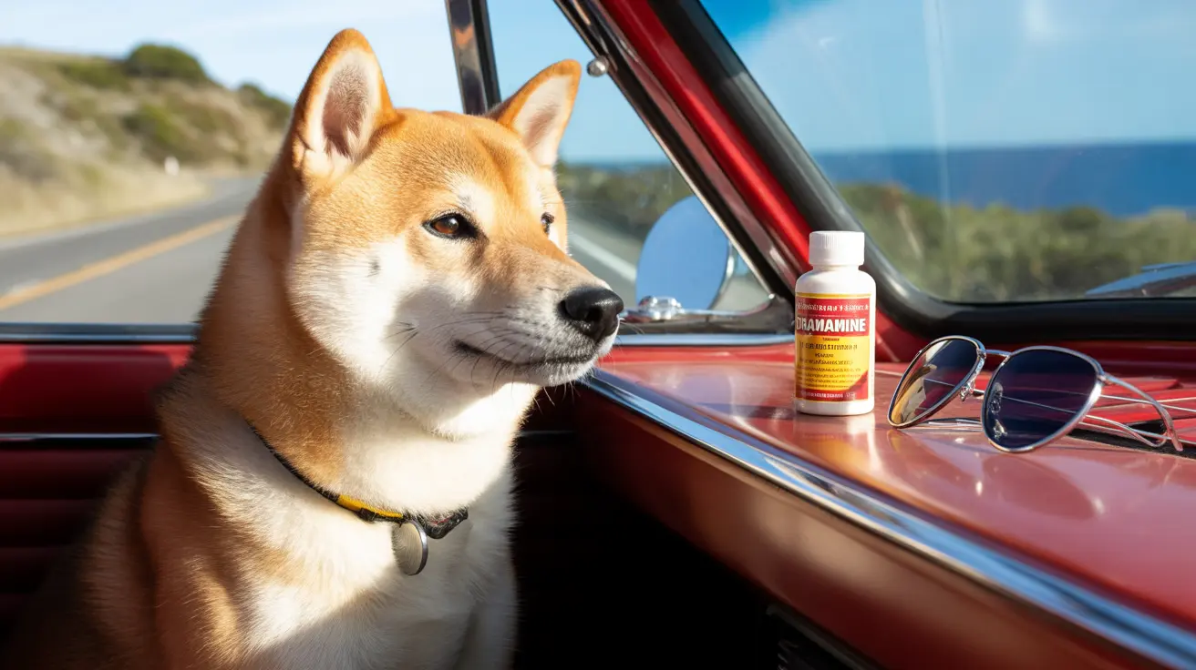 Um Shiba Inu sentado em um carro vintage vermelho com o oceano e uma estrada costeira ao fundo