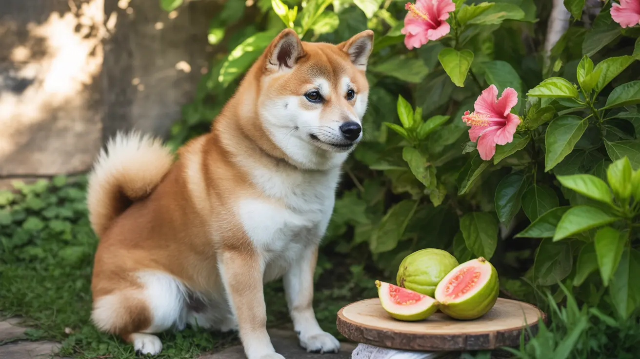 Un perro Shiba Inu sentado junto a una sandía cortada sobre un tronco de madera en un jardín lleno de flores de hibisco rosas.