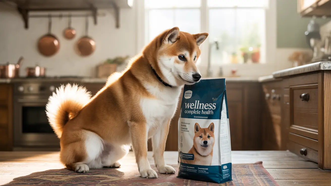 A Shiba Inu sitting next to a bag of Wellness dog food in a bright kitchen