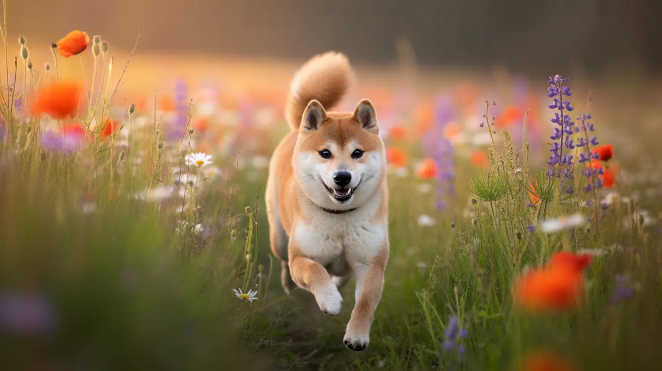 Un feliz Shiba Inu corriendo a través de un vibrante prado de flores silvestres con amapolas rojas y lupinos púrpuras