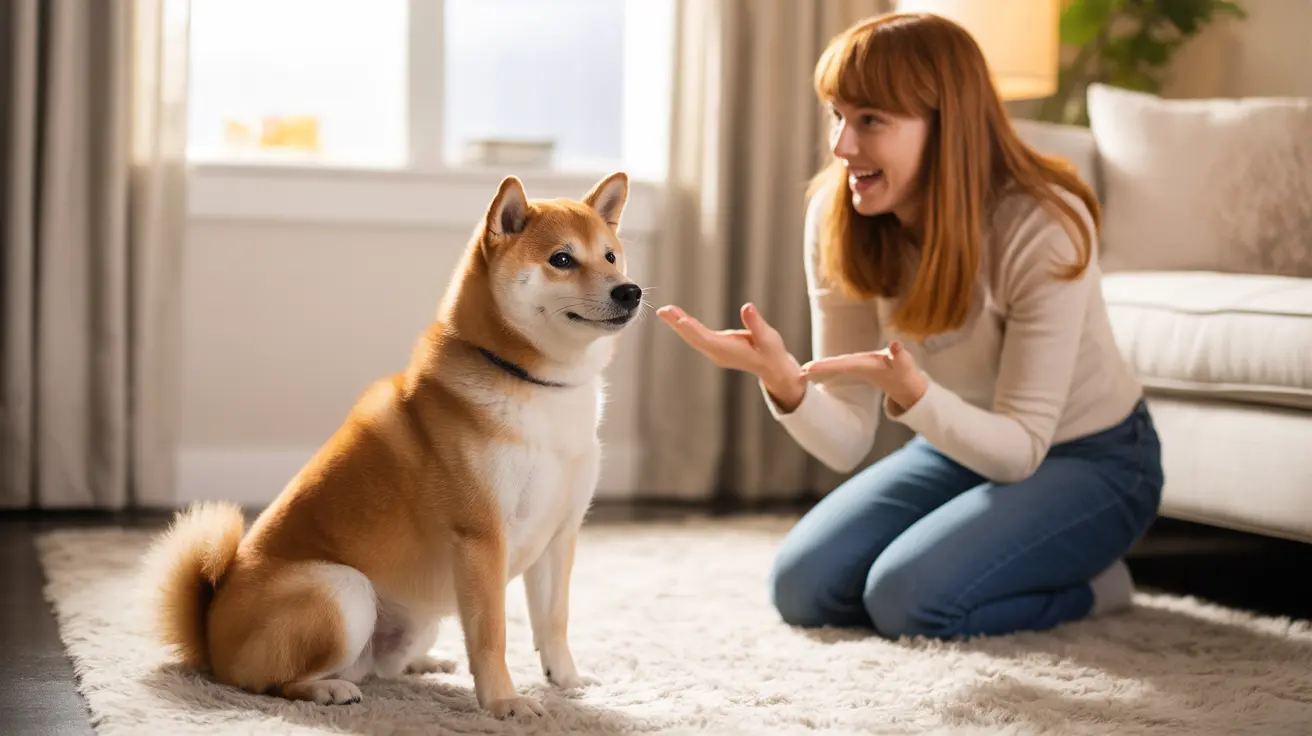 明るく居心地の良いリビングルームで女性が柴犬と触れ合い、白いラグの上に座っている柴犬の様子
