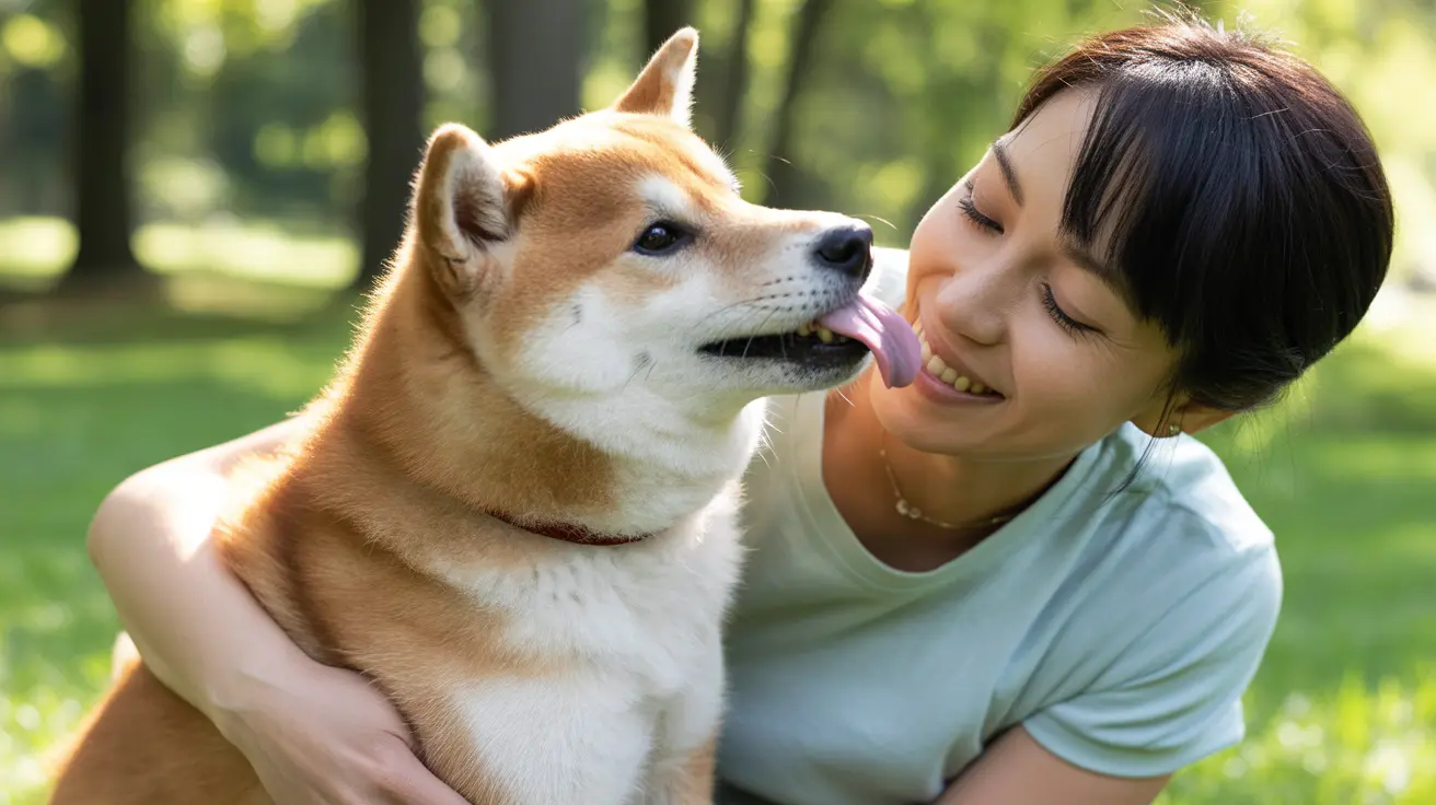 A Shiba Inu playfully licking the face of a smiling woman in a forest setting