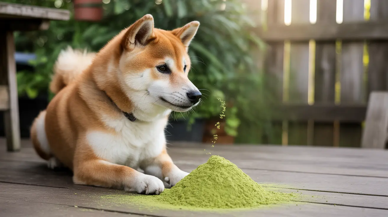 Shiba Inu köpek ahşap güvertede oturuyor, yanında yeşil toz yığını