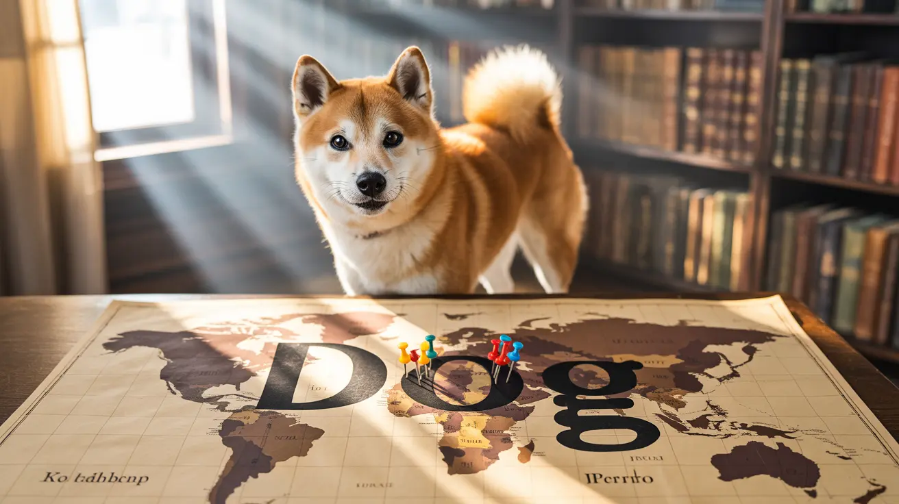 A Shiba Inu dog standing next to a world map with the word 'Dog' spelled out using pins