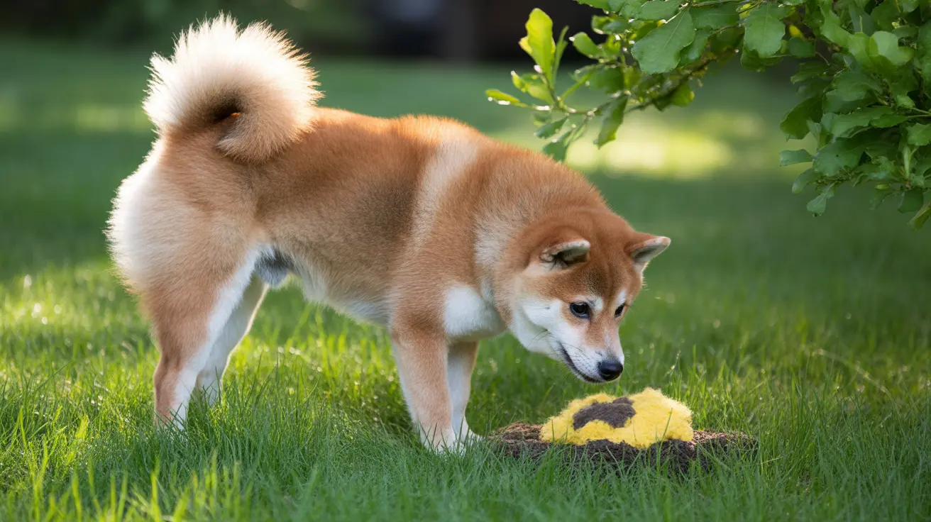 A Shiba Inu dog examining something yellow and dark on the ground in a grassy area