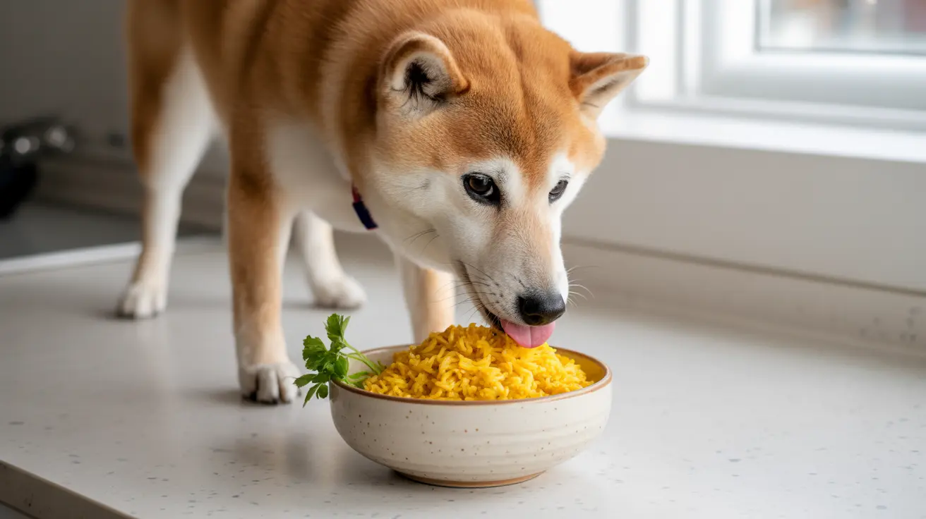 A Shiba Inu dog eating yellow rice from a ceramic bowl near a window