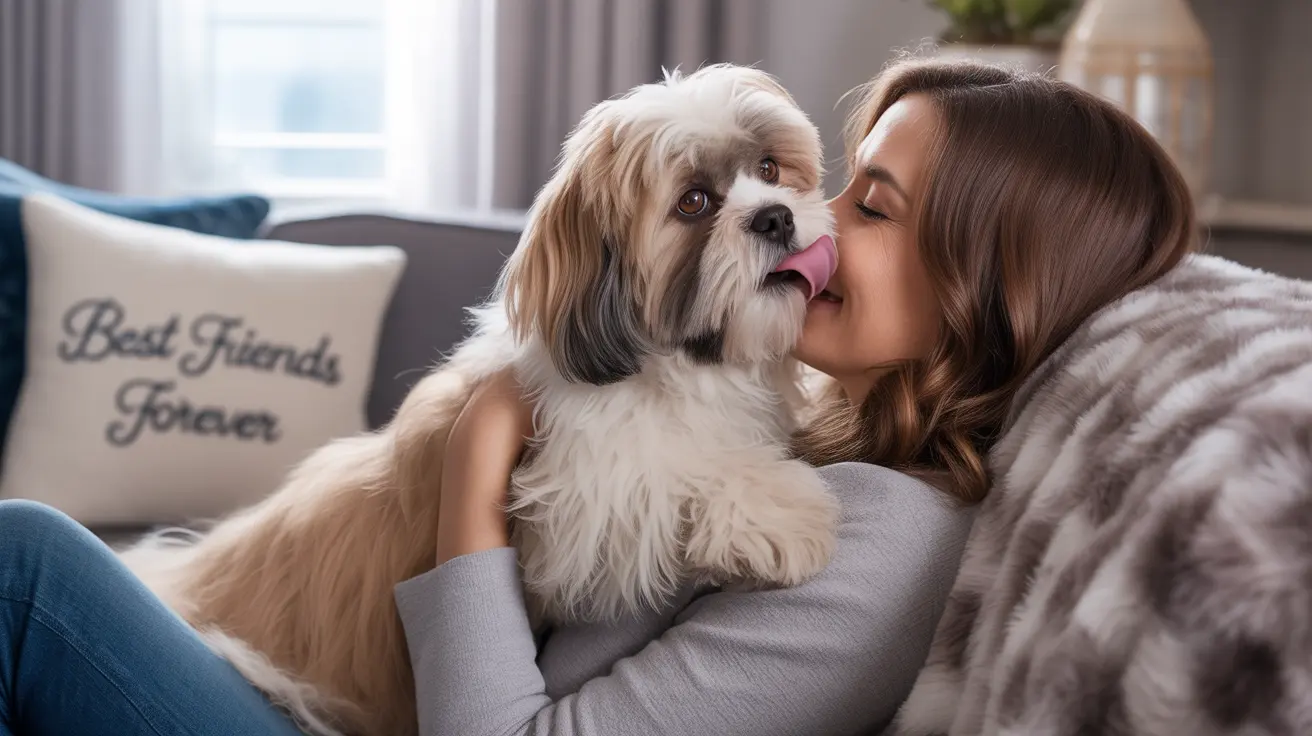 Momento terno entre um Shih Tzu e seu dono, compartilhando um abraço carinhoso em um sofá aconchegante