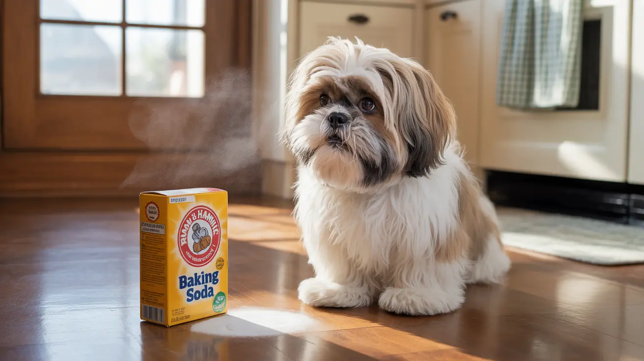 A fluffy white and brown Shih Tzu sitting next to a box of Arm & Hammer Baking Soda on a wooden floor near a window