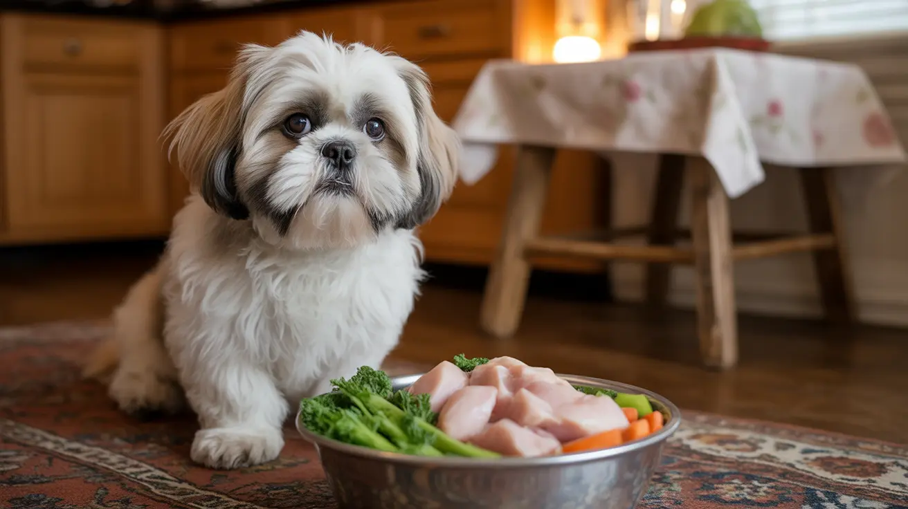 A white and gray Shih Tzu sitting next to a bowl of raw food ingredients