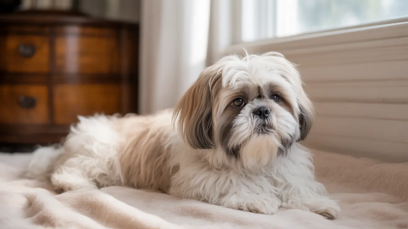 Small cream and brown Shih Tzu lying comfortably on beige couch in bright living room